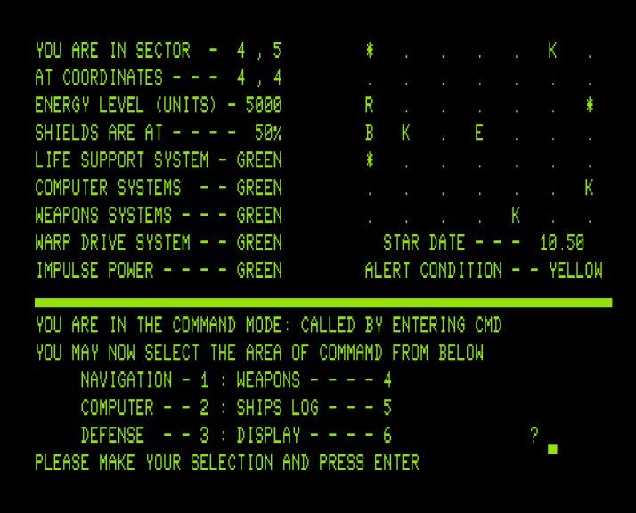 Ultra-Trek (TRS-80) screenshot: Main game screen