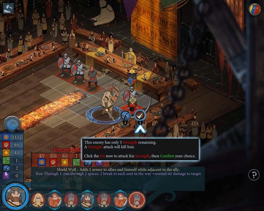 The Banner Saga (Windows) screenshot: First combat scene - Damage is directed towards enemy armor or strength (health). Selecting on an ally or enemy will also reveal their individual abilities.