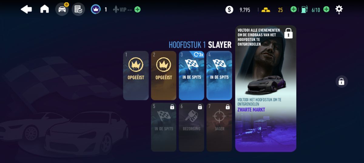 Need for Speed: No Limits (Android) screenshot: Progress through the missions (2023 Dutch version)
