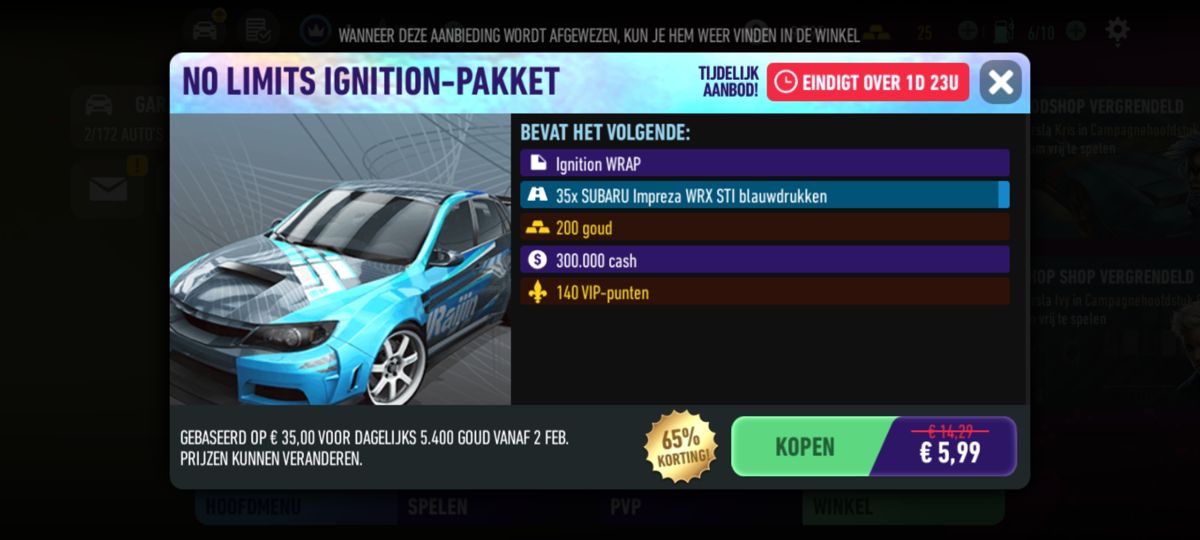 Need for Speed: No Limits (Android) screenshot: Offers for purchases (2023 Dutch version)
