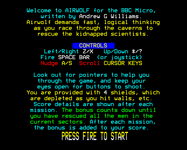Airwolf (BBC Micro) screenshot: Title screen and instructions.