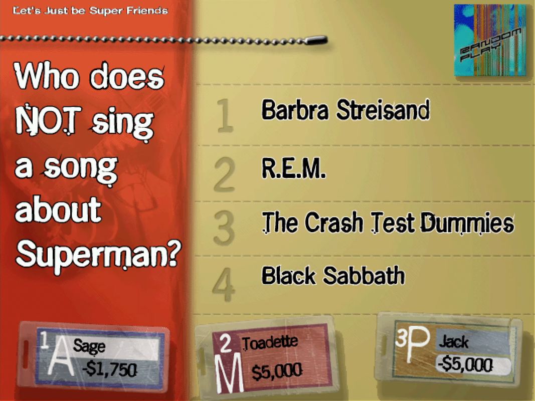 Backstage Pass: The Ultimate Rock & Roll Trivia Game (Windows) screenshot: A standard multiple choice question