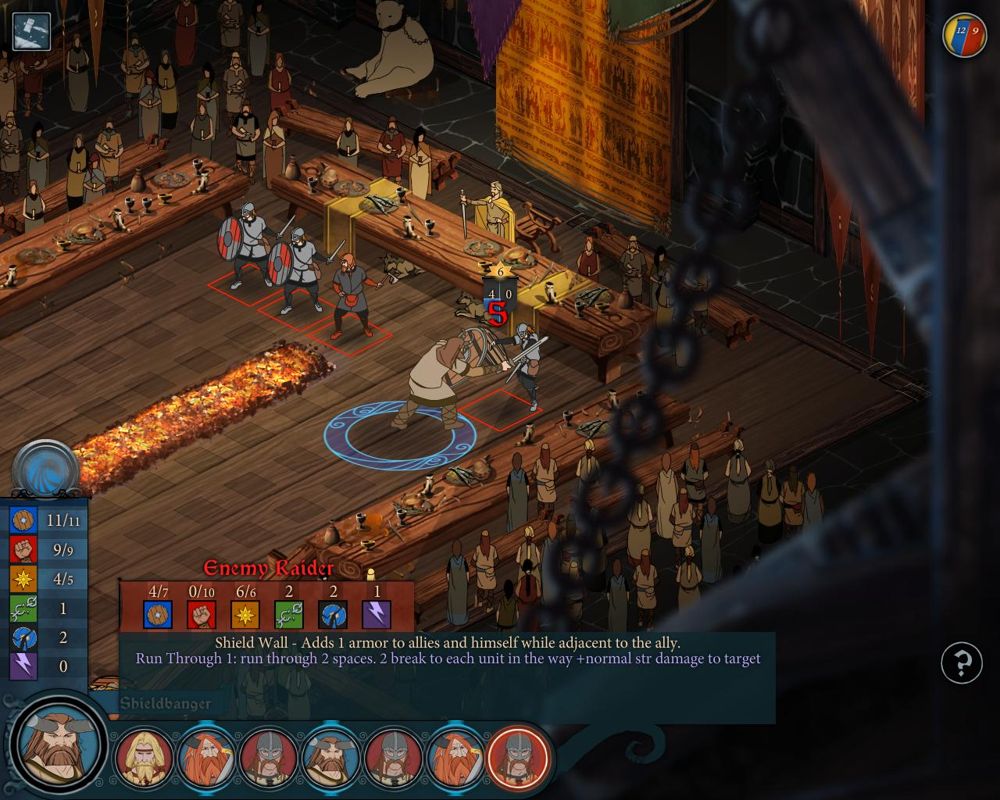 The Banner Saga (Windows) screenshot: First combat scene - A successful hit will be indicated by a numerical figure. Presented here is a five damage hit towards the enemy's strength.