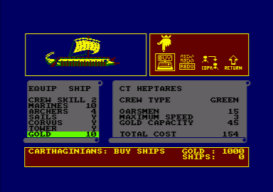 Legions of Death (Amstrad CPC) screenshot: Purchasing and outfitting ships.