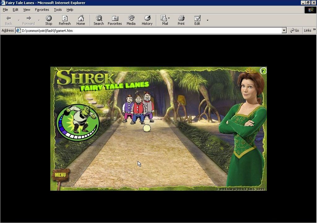 Shrek (included games) (Windows) screenshot: Fairy Tale Lanes - A game in progress. On the left is the strength meter that is powered up by holding down the mouse button