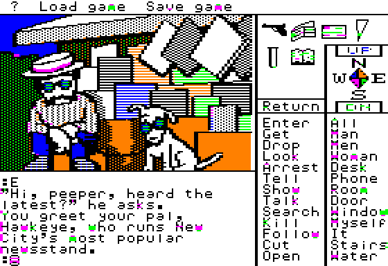 Borrowed Time (Apple II) screenshot: The newsstand...