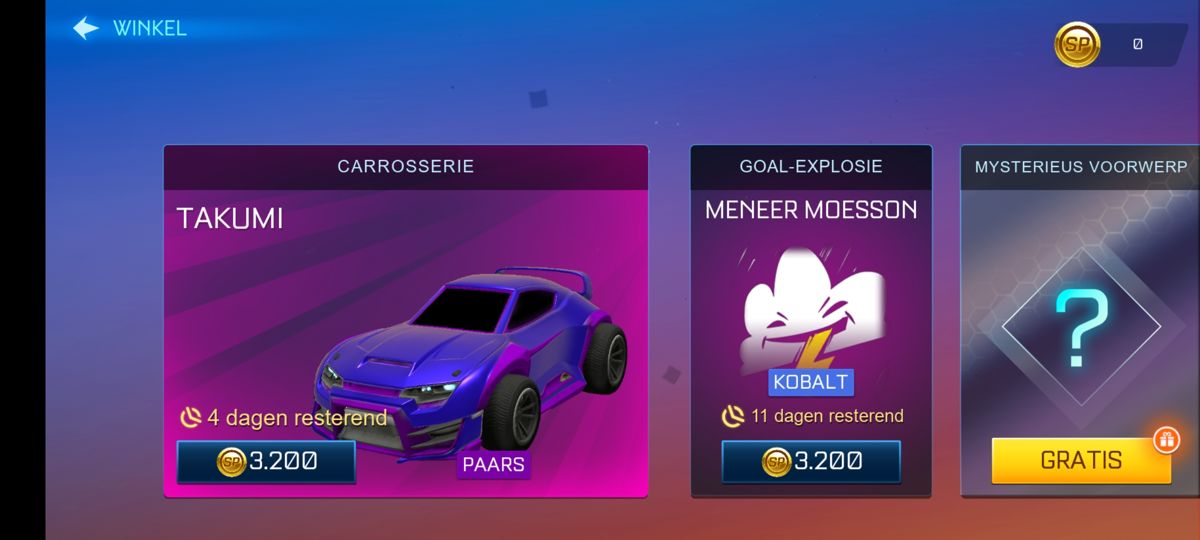Rocket League: Sideswipe (Android) screenshot: Spend coins to unlock more items. (Dutch version)