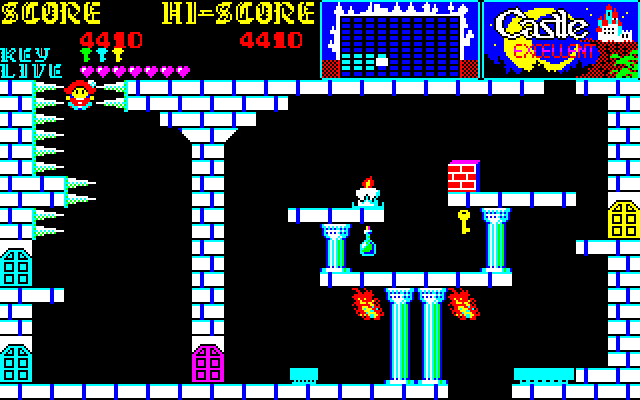 Castlequest (PC-88) screenshot: Falling down surrounded by spikes