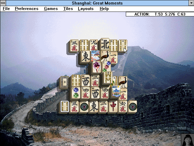 Shanghai: Great Moments (Windows 3.x) screenshot: In action Shanghai, new tiles are added to the game after a few seconds, making it a race to clear the board.