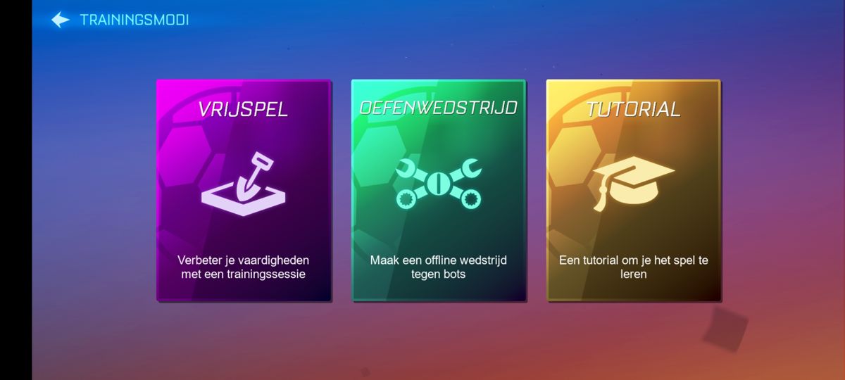 Rocket League: Sideswipe (Android) screenshot: Training modes (Dutch version)