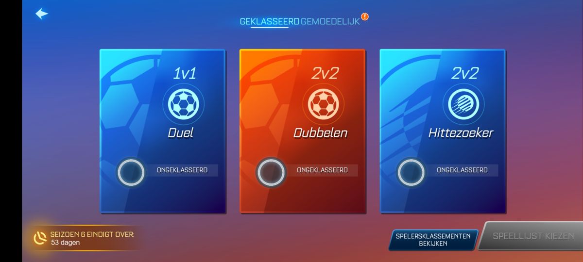 Rocket League: Sideswipe (Android) screenshot: Game modes for ranked play against online players (Dutch version)
