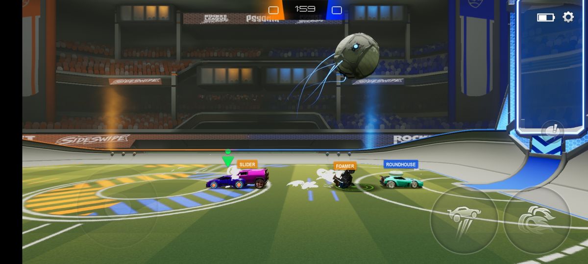 Rocket League: Sideswipe (Android) screenshot: A training game against bots in progress (Dutch version)