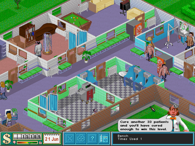 Theme Hospital (DOS) screenshot: You must cure 33 more patients to get to next level.