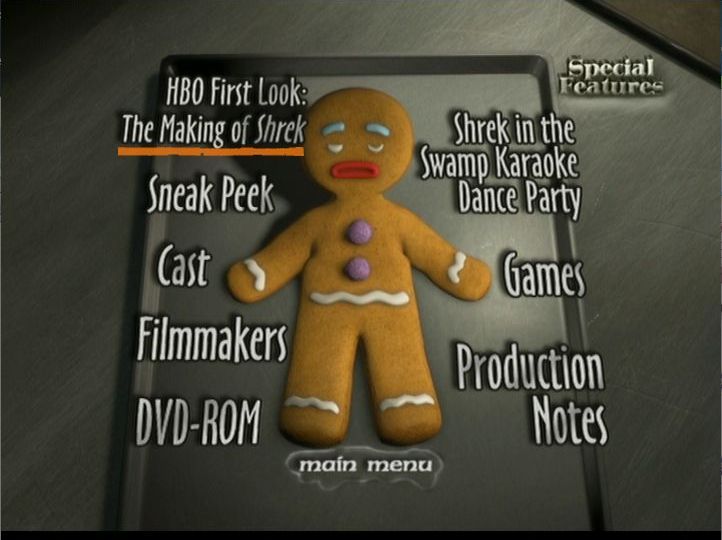 Shrek (included games) (DVD Player) screenshot: Disc One's Special Features Menu.<br>These games are played on the computer so all the player sees here is a description<br>Every selection breaks the Gingerbread Man's leg