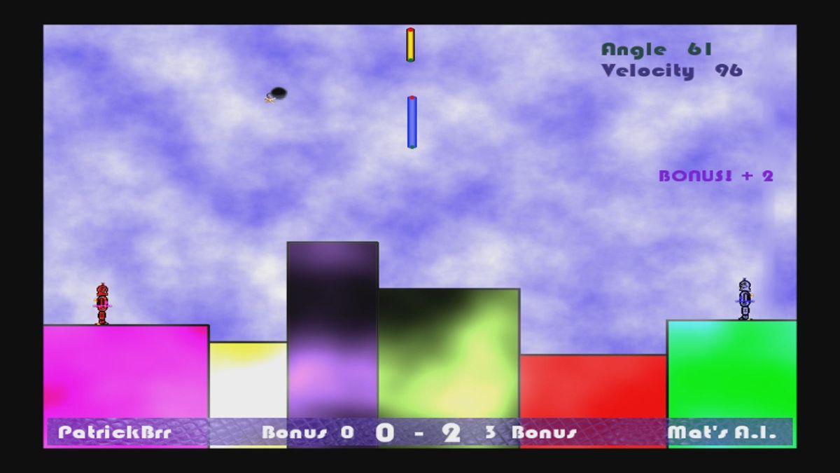 Trajectory (Xbox 360) screenshot: The right robot received bonus points because the bomb was thrown through the hoops (trial version)
