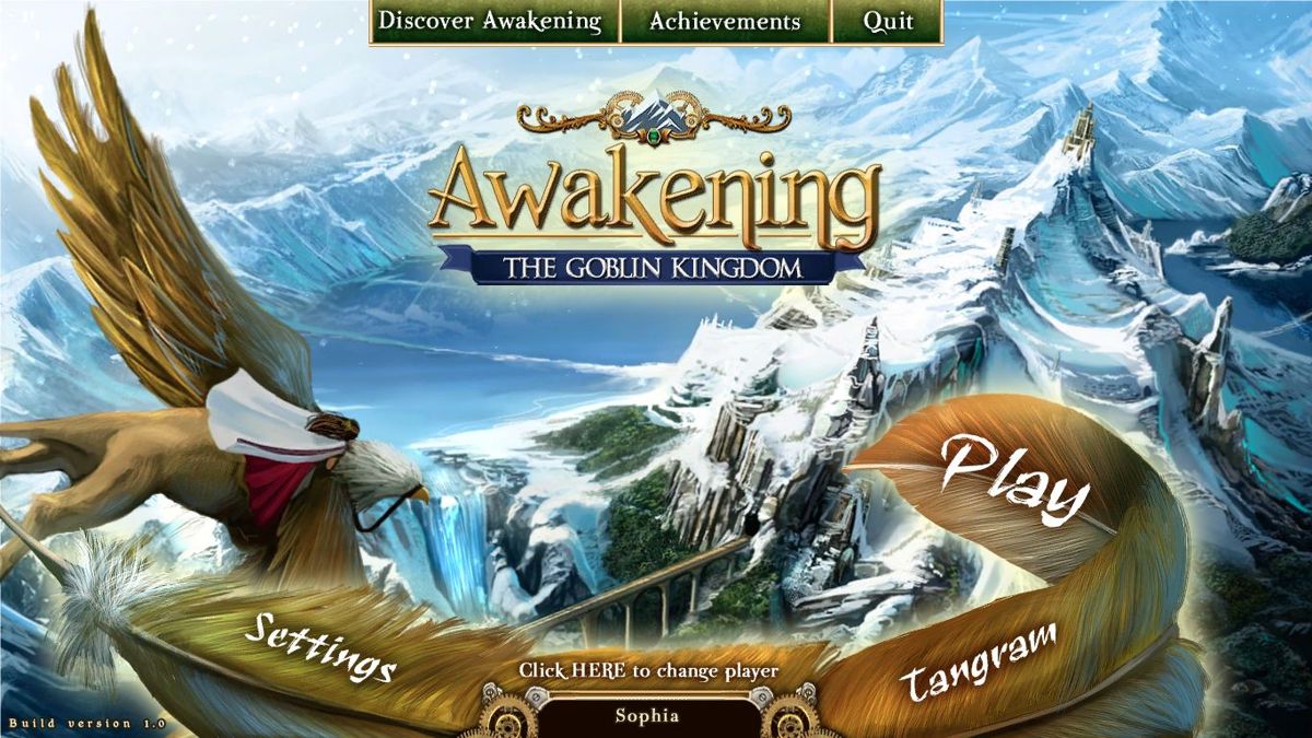 Awakening: The Goblin Kingdom (Windows) screenshot: The main menu.<br>The 'Discover Awakening' option opens a browser window for Awakening: Moonfell Wood.<br><br>Big Fish Games Trial version