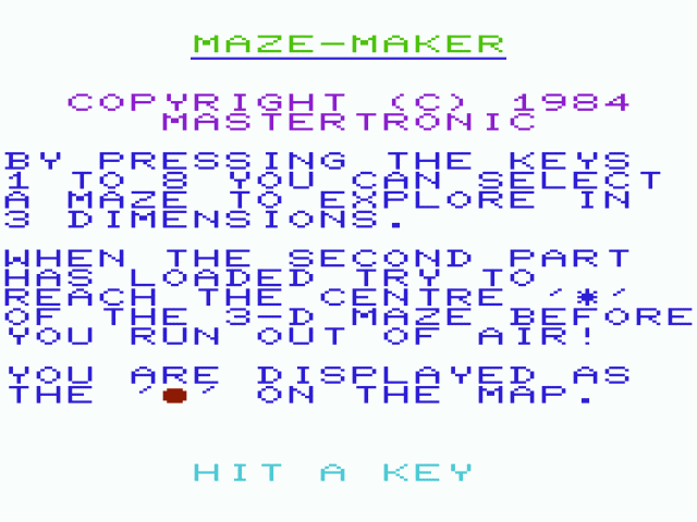 3D Maze (VIC-20) screenshot: 3D Maze (1984)(Mastertronic)_titel own screenshot