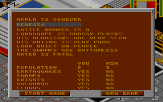 Populous (DOS) screenshot: Basic stats for the world you are about to play
