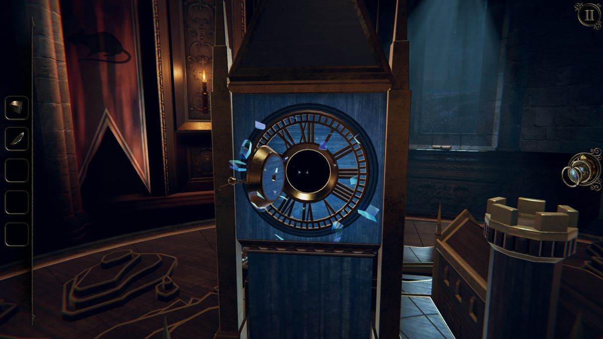 The Room Three (Windows) screenshot: Entering a Clock tower model on the table