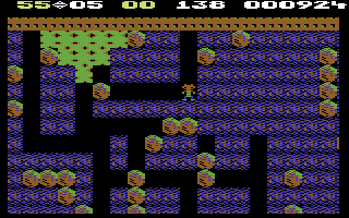 Boulder Dash (Commodore 64) screenshot: That green slime slowly takes over the screen...