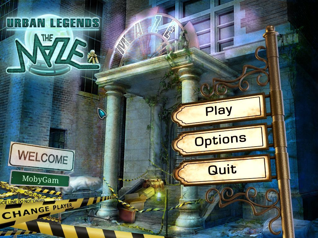 Urban Legends: The Maze (Windows) screenshot: The title screen and main menu. The player id is limited to seven characters with no spaces which seems a little mean. This is the studio's entrance where the game begins