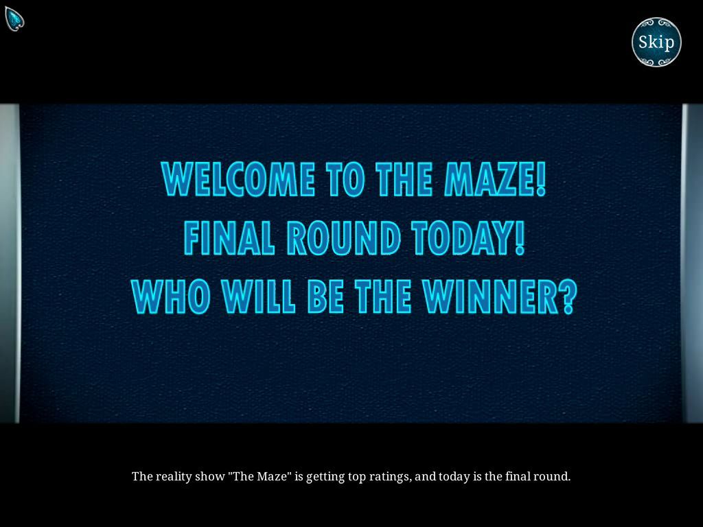 Urban Legends: The Maze (Windows) screenshot: The game starts with a slideshow starting with the announcement of the final round of 'The Maze' and ending with the contestant's disappearing. There is no voiceover.