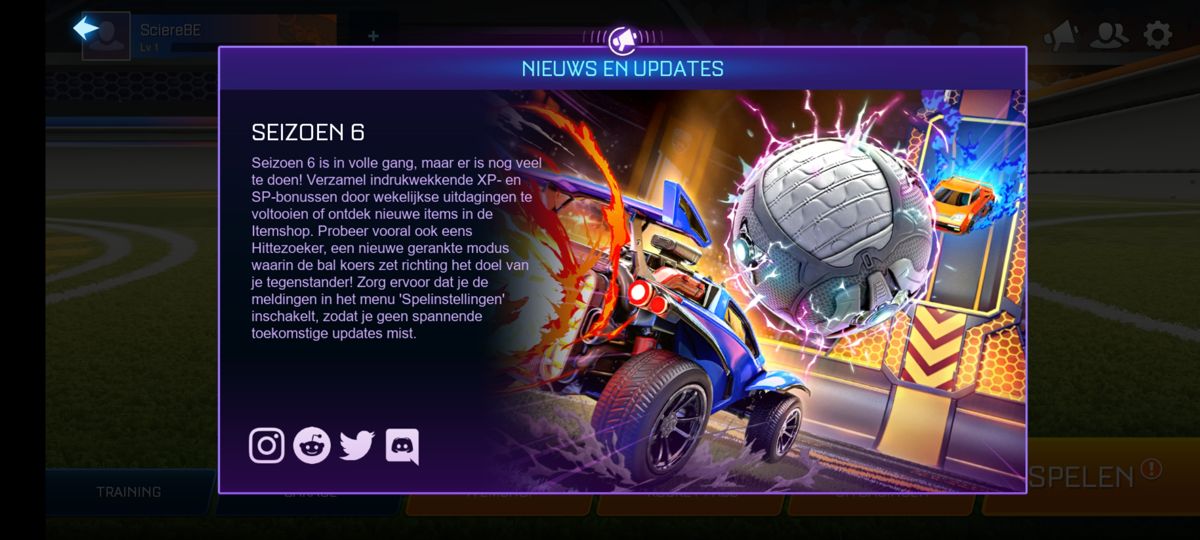 Rocket League: Sideswipe (Android) screenshot: News and content updates (Dutch version)