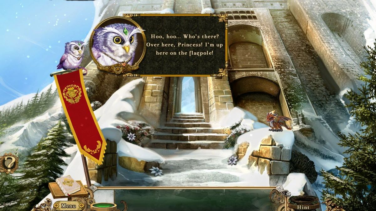 Awakening: The Goblin Kingdom (Windows) screenshot: There are two player aids. This is Randolph the Owl, a gift from the fairy queen, he provides hints. Also visible is a pocket dragon, useful when heat is needed<br><br>Big Fish Games Trial version