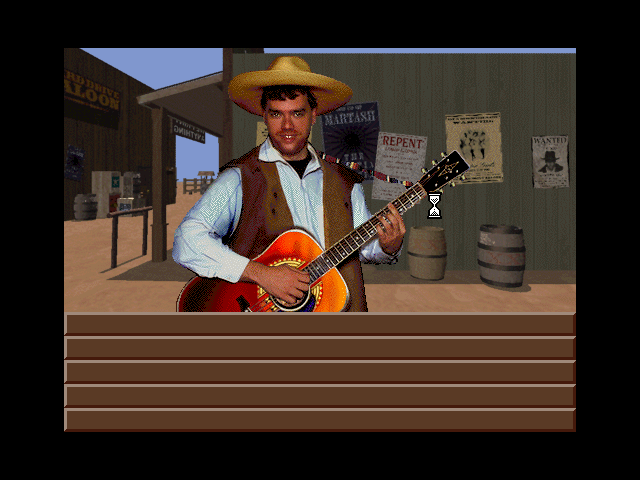 Dust: A Tale of the Wired West (Windows 3.x) screenshot: Country guy performing some funny song.