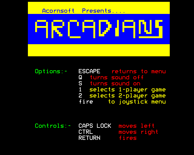 Arcadians (BBC Micro) screenshot: Instructions.