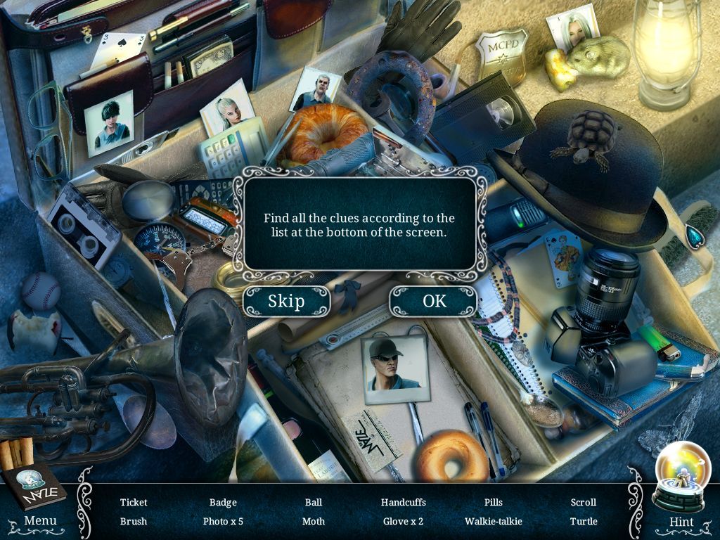 Urban Legends: The Maze (Windows) screenshot: This is the first hidden object scene with its accompanying tutorial text. All hidden object scenes are like this, the items are named and nothing is hidden or needs to be combined or manipulated
