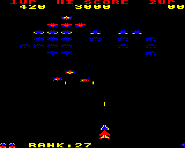 Arcadians (BBC Micro) screenshot: An alien formation attacks!