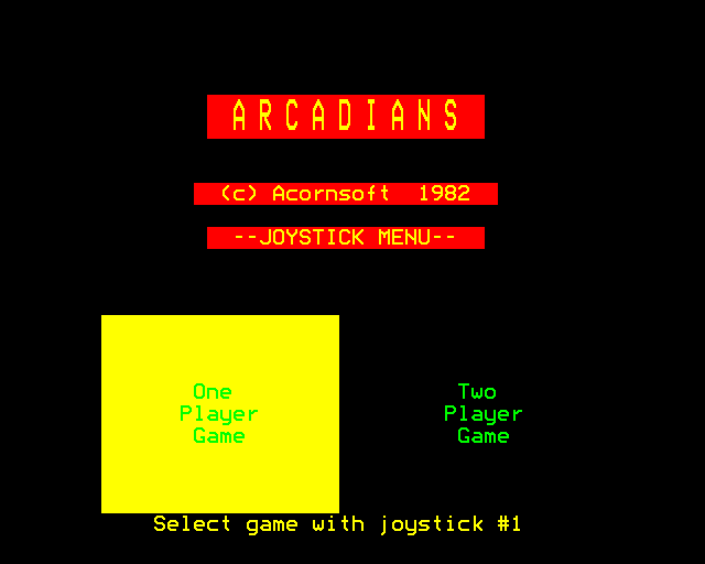 Arcadians (BBC Micro) screenshot: Title screen.