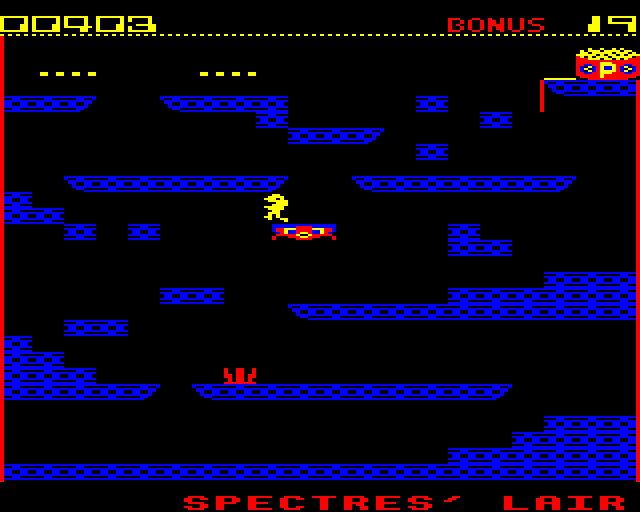 Ghouls (BBC Micro) screenshot: Running with the moving platform in the middle of the level.