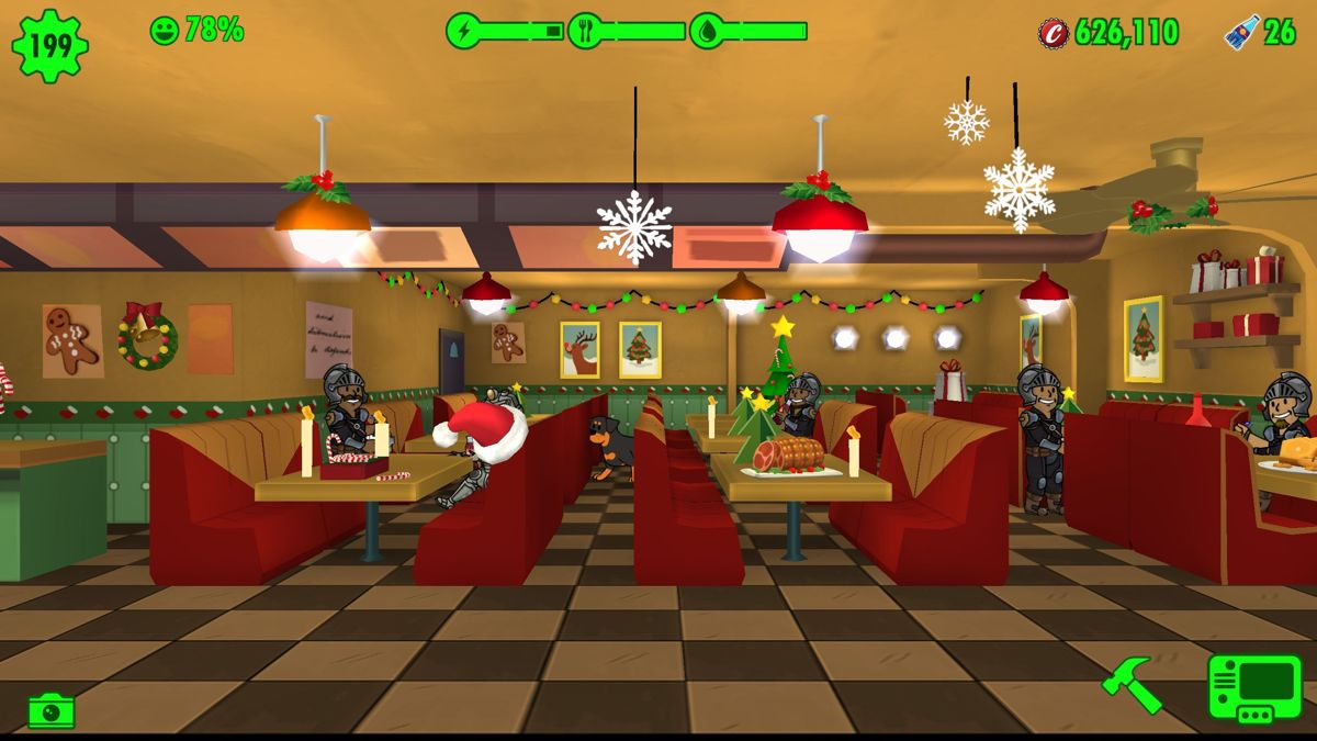 Fallout Shelter (Windows) screenshot: Christmas 2022 and the cafeteria's been decorated, periodically presents from the corners of the picture bounce to the centre and back. There was a Thanksgiving makeover this year too