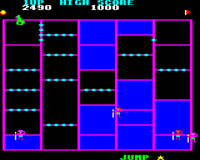 Crazy Painter (BBC Micro) screenshot: Blocks will fill in with solid color when you have painted all of their sides.
