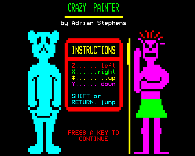 Crazy Painter (BBC Micro) screenshot: Instructions.