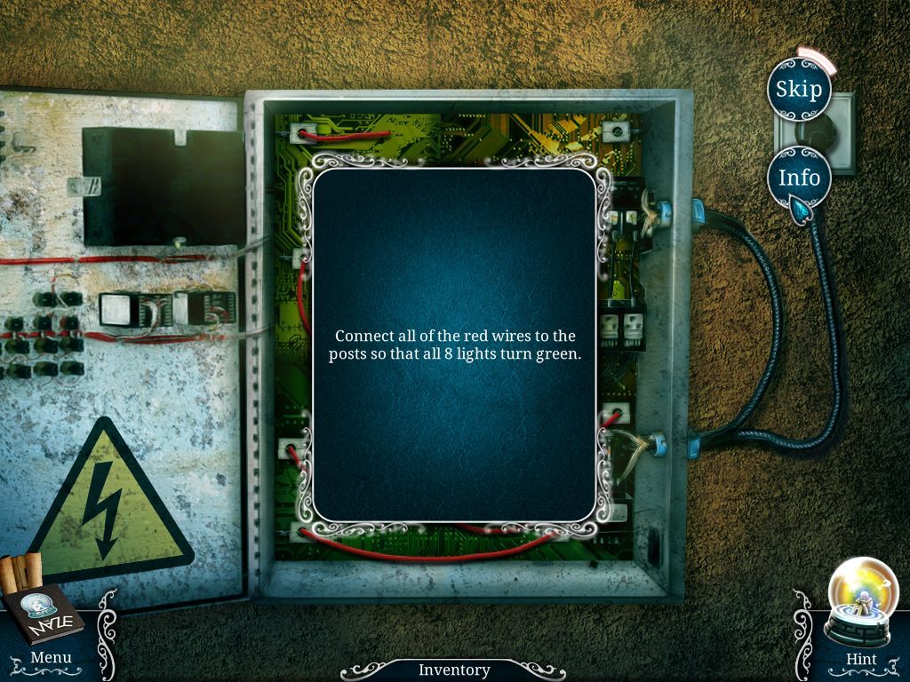 Urban Legends: The Maze (Windows) screenshot: All puzzles in the game have a Skip option and an 'Info' button which explains what needs to be done.