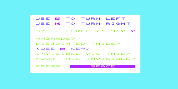 Super Worm (VIC-20) screenshot: Game Setup