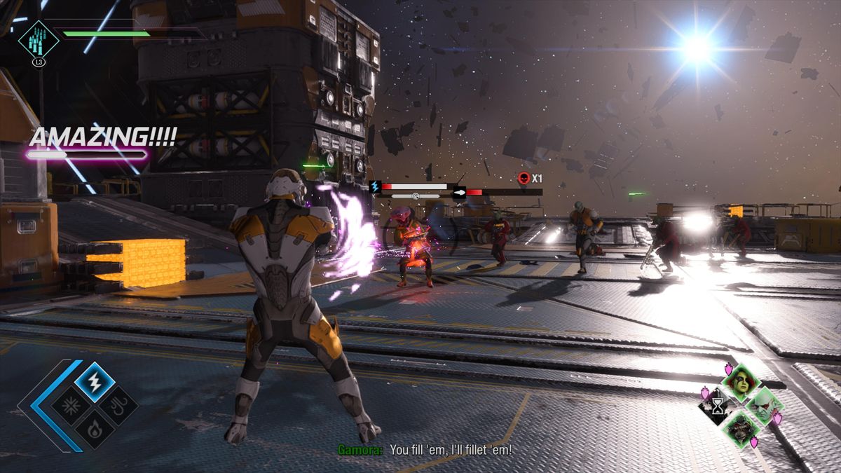 Marvel Guardians of the Galaxy (PlayStation 5) screenshot: Shootout in outer space