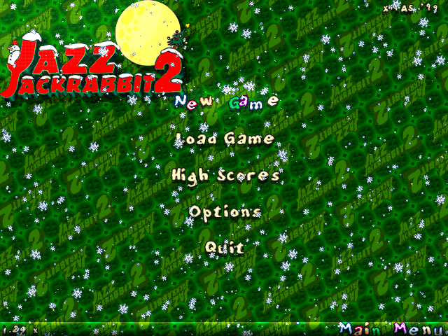 Jazz Jackrabbit 2: The Christmas Chronicles (Windows) screenshot: Main menu (finally English!)