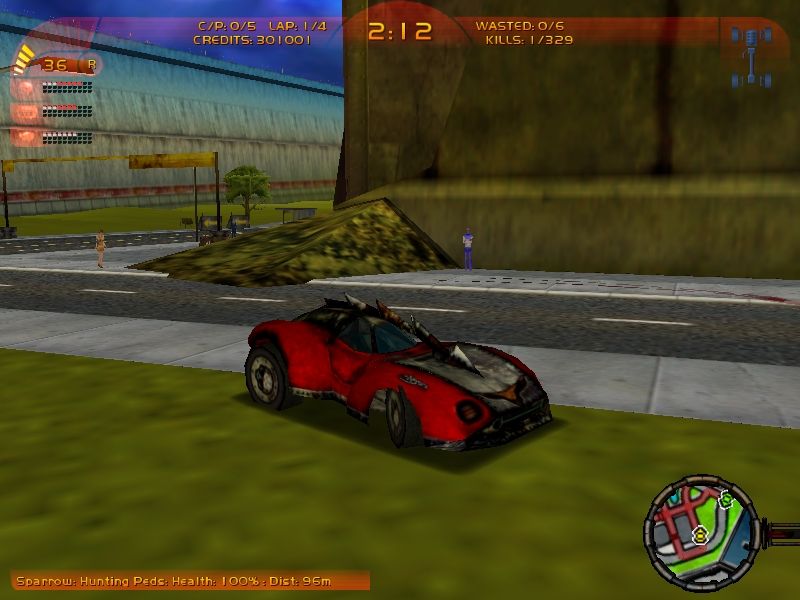 Carmageddon 3: TDR 2000 (Windows) screenshot: The Eagle is once again your starter car. It still looks like Frankenstein's wheels from the movie "Death Race 2000"
