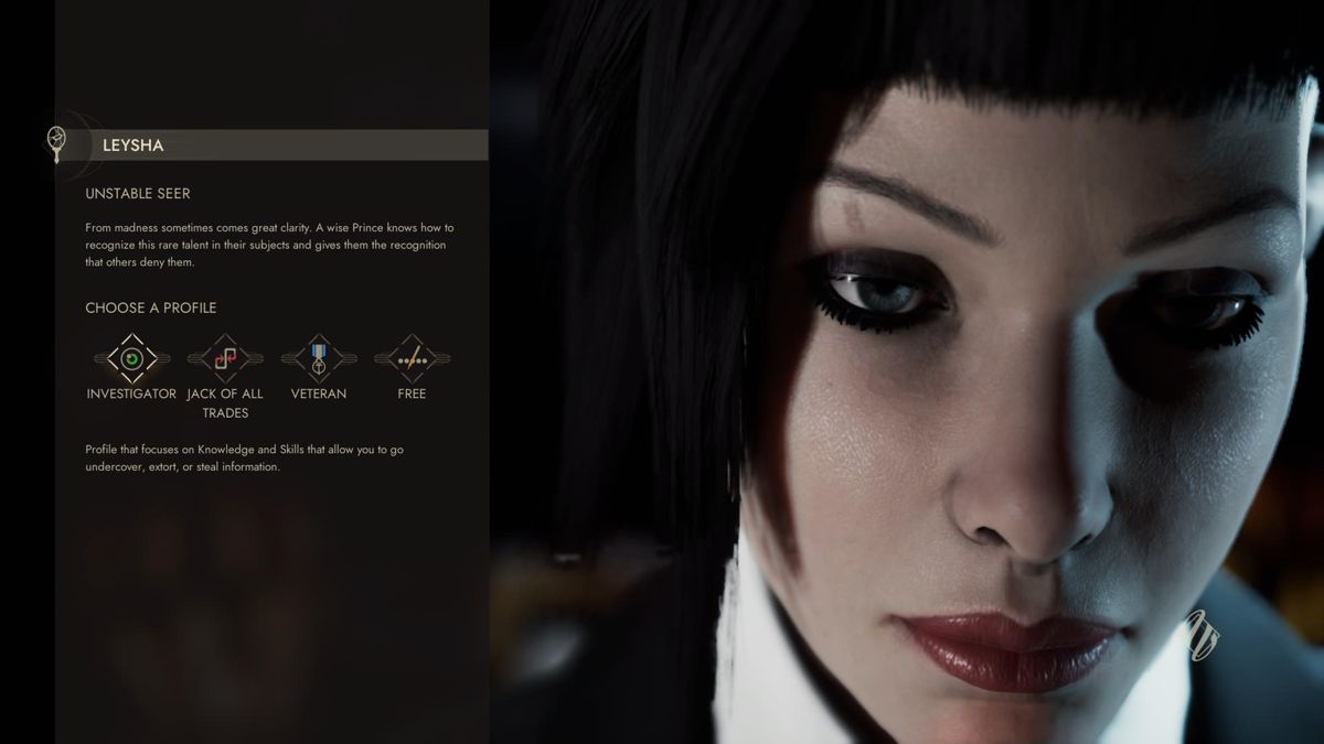 Vampire: The Masquerade - Swansong (PlayStation 5) screenshot: Choosing the character profile