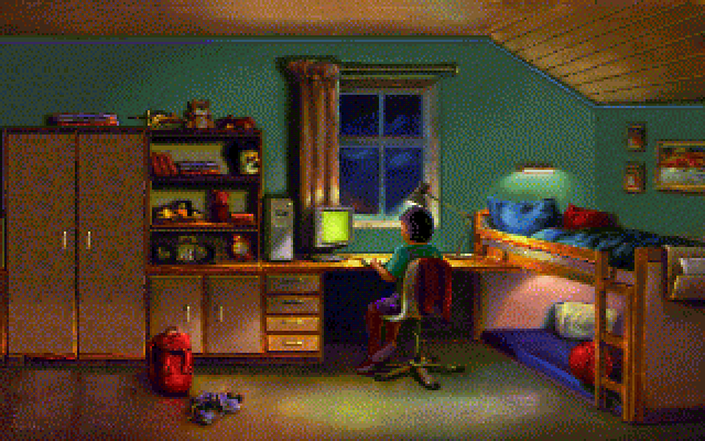 Museum Madness (DOS) screenshot: A boy is sitting in front of his computer