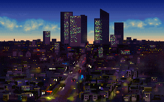 Museum Madness (DOS) screenshot: View of New York from the intro...
