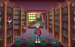 Museum Madness (DOS) screenshot: The game has a few annoying mazes - not very big, but still nothing tells you the way... This is a Renaissance-period library where you need to find the book by Nicholas Copernicus.