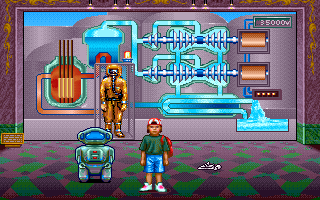 Museum Madness (DOS) screenshot: The energy exhibit - an (actually very simplified) layout of a nuclear power plant. In much opinion still a "green" energy source which deserves being defended, when compared to killer coal...