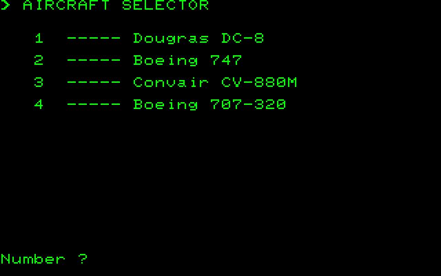 The Cockpit (PC-88) screenshot: Aircraft selector; note the typo "Dougras" which should be Douglas