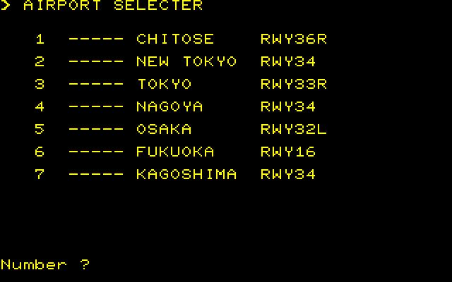The Cockpit (PC-88) screenshot: [SR version] Airport names are in CAPS in this version