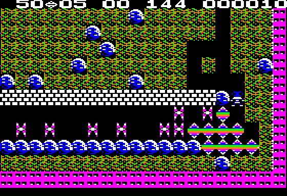 Boulder Dash (Apple II) screenshot: Crushing the butterflies with a boulder turns them into diamonds